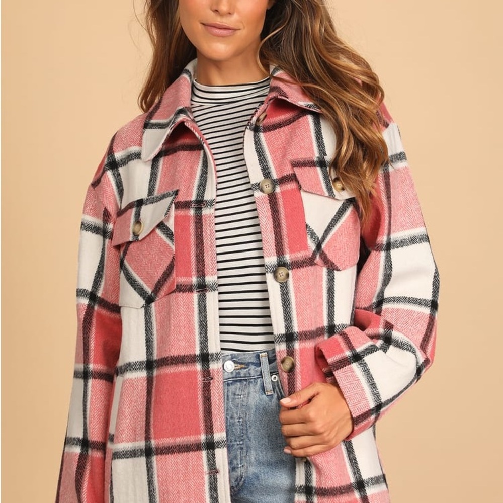 Lulu's Pink and White Utility Jacket Oversized Plaid